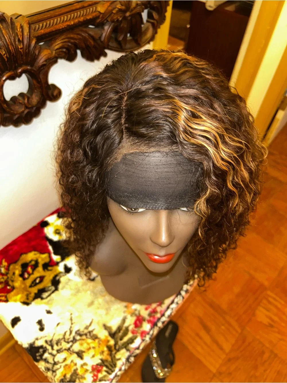 Natural Curly Brown Wig with Honey Blonde Highlights - Unbranded